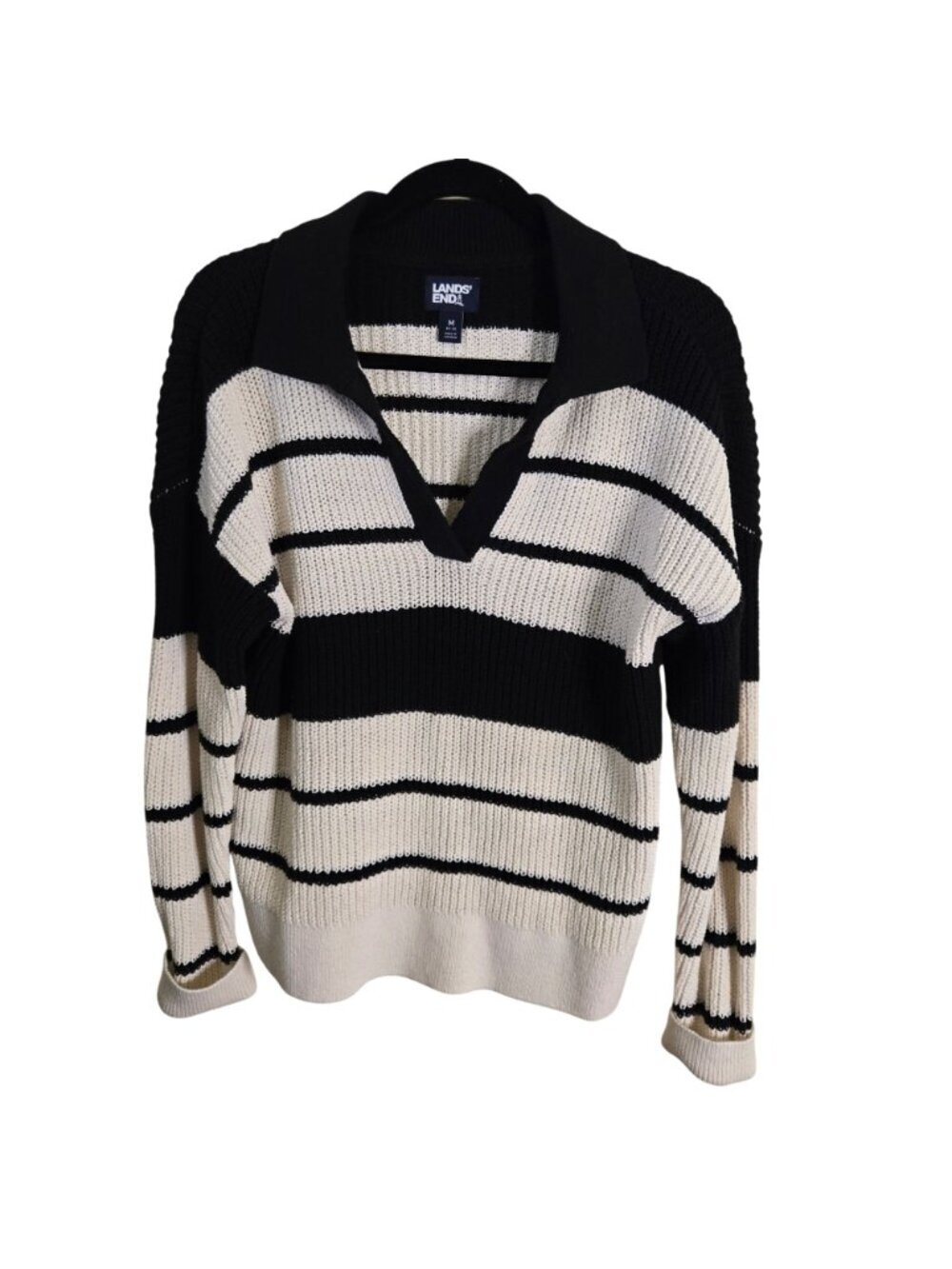 Lands' End Cotton Boucle Johnny Collar Shake Pullover Black Cream 2024 Size M - Picture 2 of 8